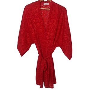 Vintage Lucie Ann Womens L Kimono Robe Red Sheer Belted Sexy Evening Wear USA